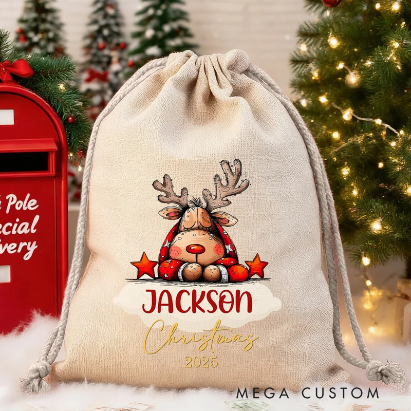 Personalized Cute Cartoon Elk Design Christmas Drawstring Gift Bag with Name Christmas Gift for Kids Family