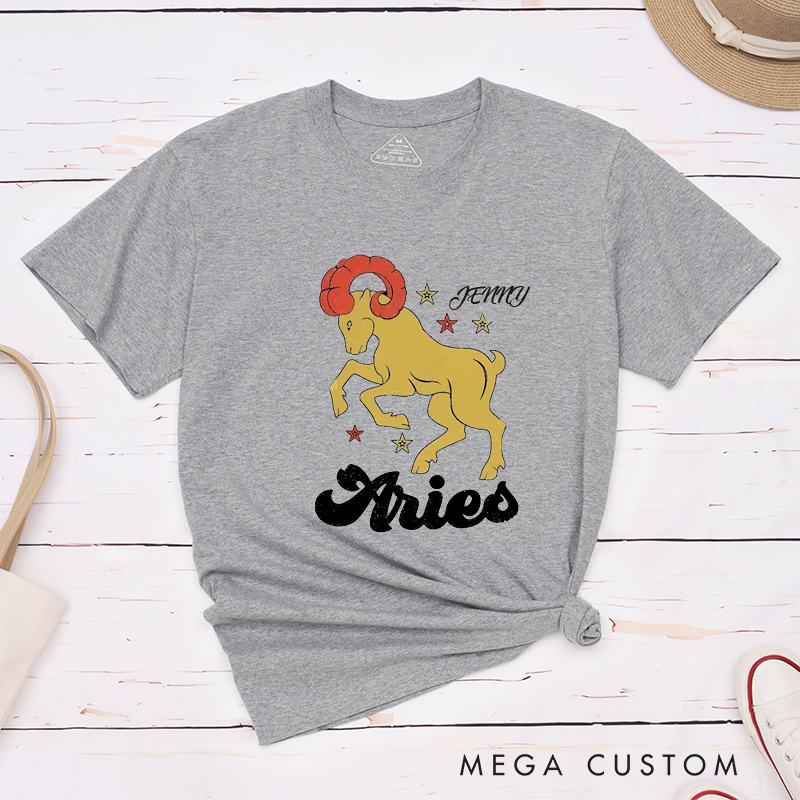 Personalized Classic T-Shirt Aries Zodiac Ram Custom Name Astrology Birthday Gift for Horoscope Lovers