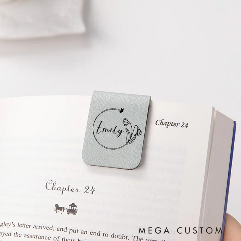 Personalized Birth Flower Magnetic Leather Bookmark Clip with Name Birthday Gift for Book Lovers Bookworms