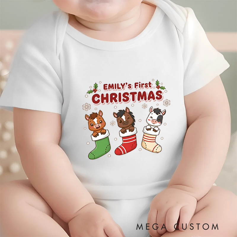 First Christmas Custom Name Baby Onesie Bodysuit with Christmas Stocking Cartoon Cow Design