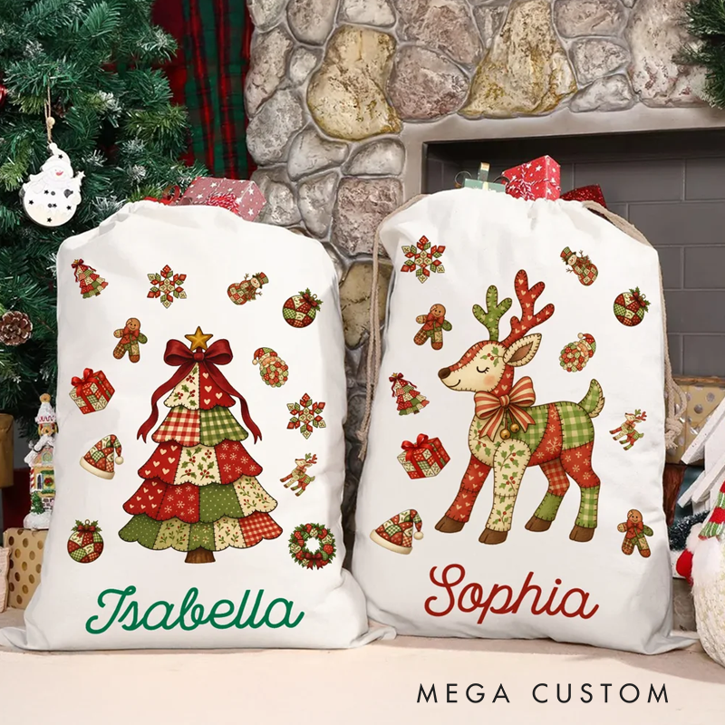 Personalized Patchwork Element Christmas Tree Santa Claus Canvas Drawstring Gift Bag with Name Christmas Gift for Family Kids