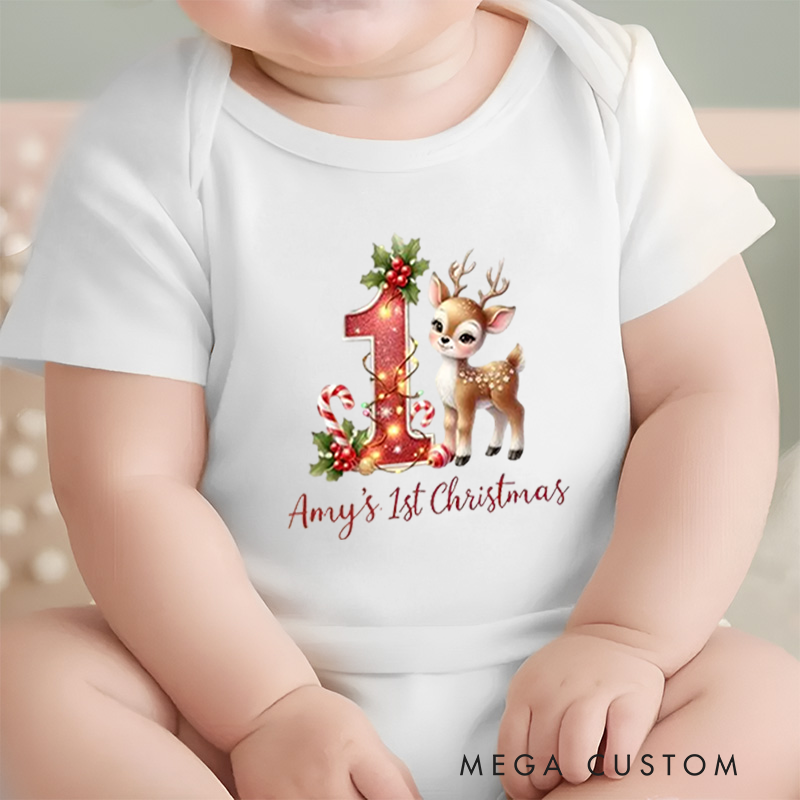 Personalized Baby Onesie and Special Xmas Baby Bodysuit with Deer and Festive Design for Baby's 1st Christmas