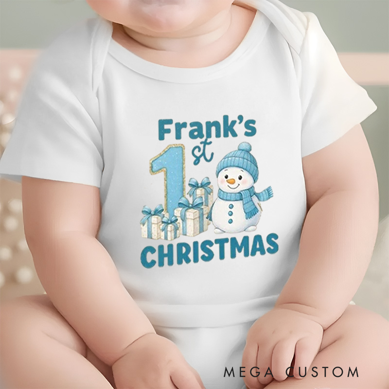 Personalized Baby Onesie and Xmas Baby Bodysuit with Snowman and Gift Design for Baby's 1st Christmas