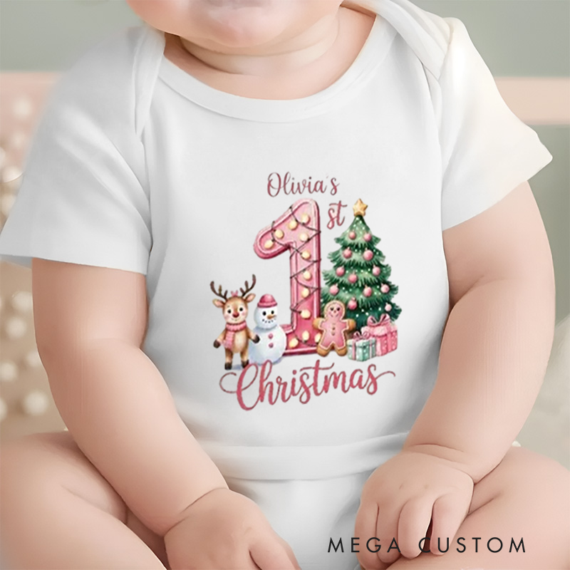 Personalized Baby Onesie and Xmas Baby Bodysuit with Deer Snowman and Christmas Tree Design for Baby's 1st Christmas