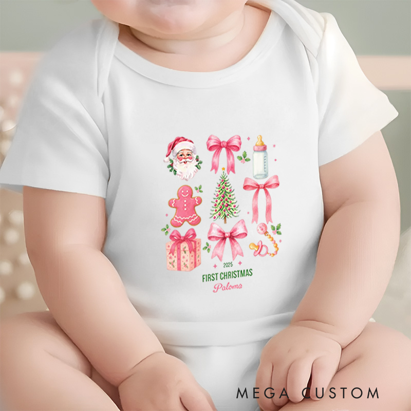 Personalized Baby Onesie and Xmas Baby Bodysuit with Festive Combo Design Santa and Gifts All There for Baby's 1st Christmas