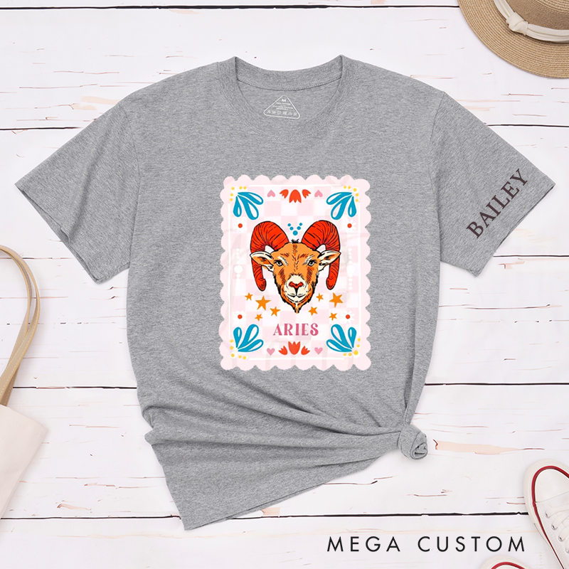 Personalized Classic T-Shirt Aries Zodiac Ram Custom Name Unisex Gift for Astrology Enthusiasts Birthday Present Unique Horoscope Tee 