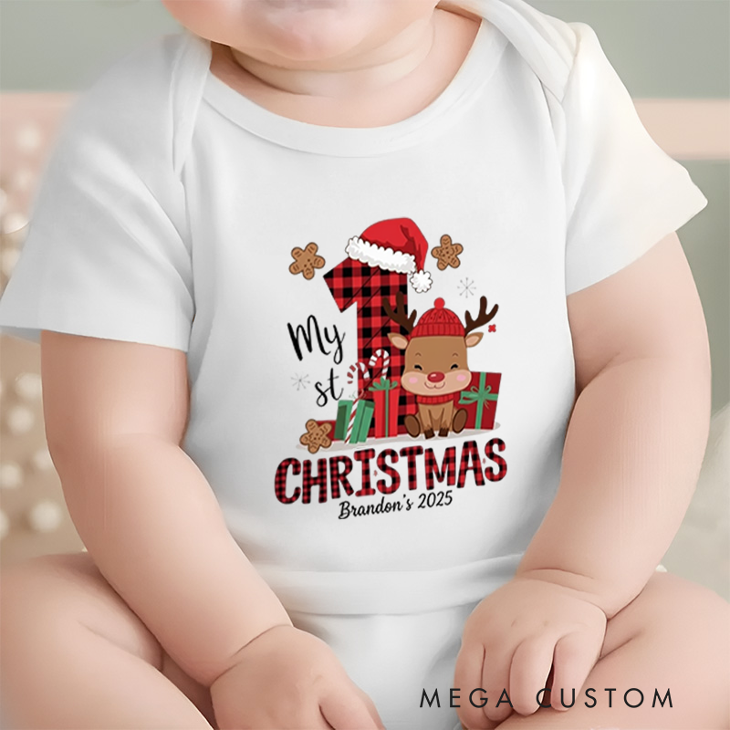 Festive Joy Baby Onesie and Xmas Baby Bodysuit with Reindeer and Gift Design for Baby's 1st Christmas