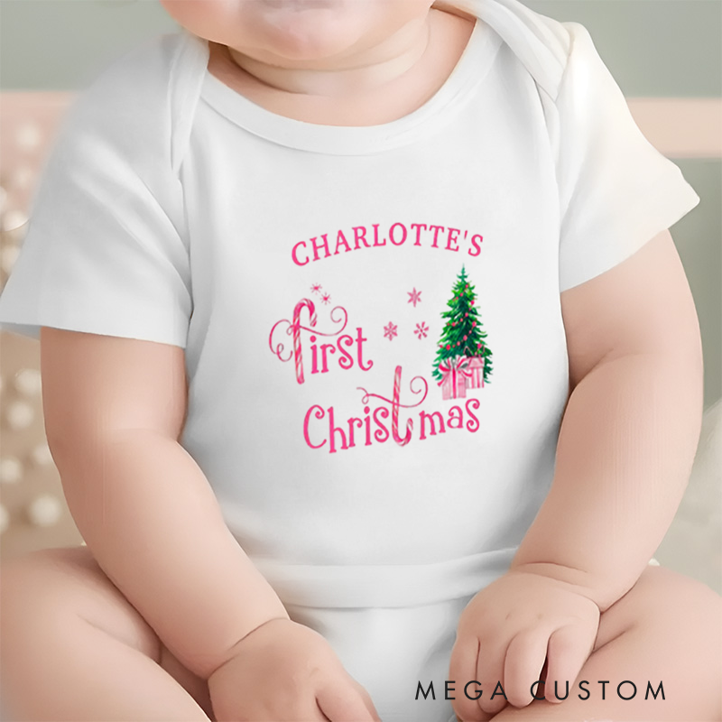 Dreamy Festive Baby Onesie and Xmas Baby Bodysuit with Christmas Tree and Gift Design for Baby Girl's 1st Christmas