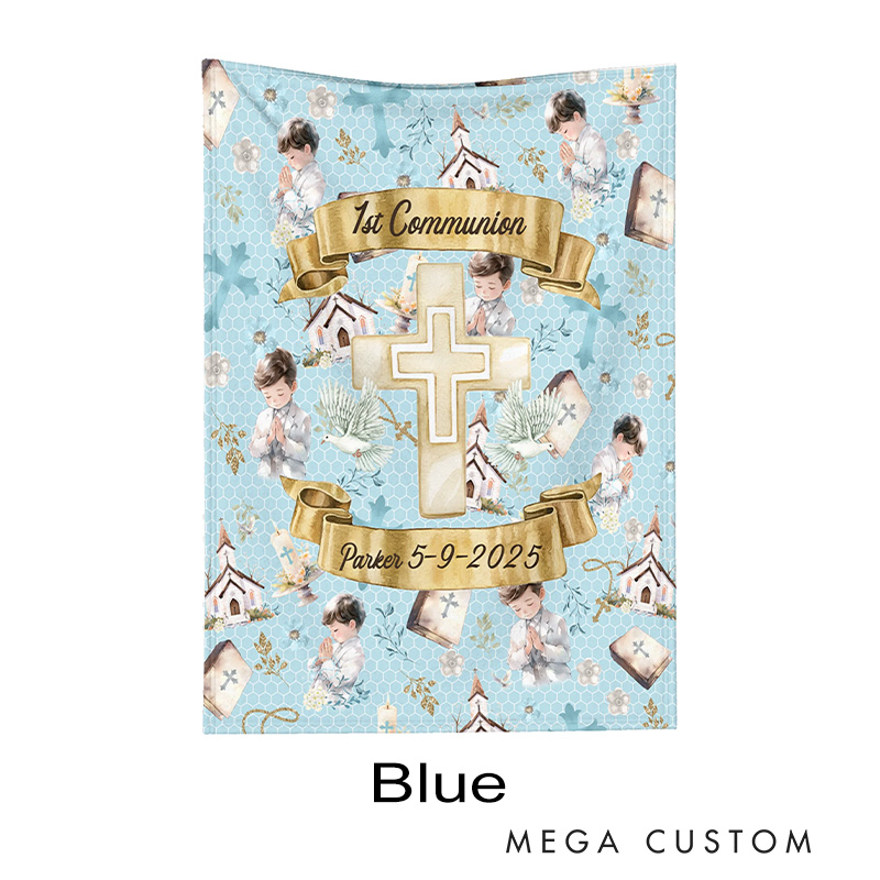 Personalized First Communion Cross Soft Throw Blanket with Name and Date Birthday Baptism Religious Gift for Boys Girls