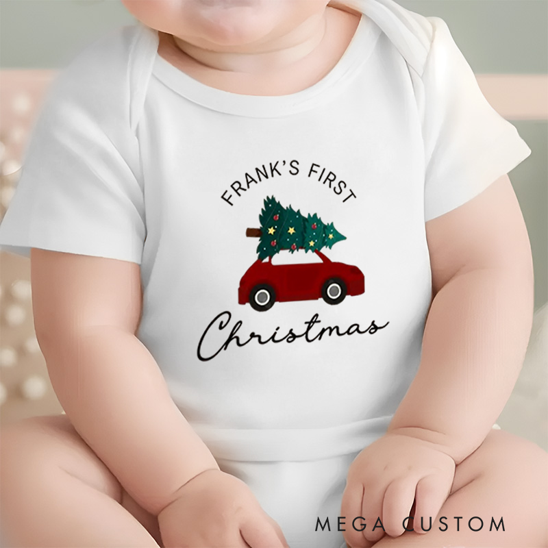 Personalized Baby Onesie and Xmas Baby Bodysuit with Car and Christmas Tree Design for Baby's 1st Christmas