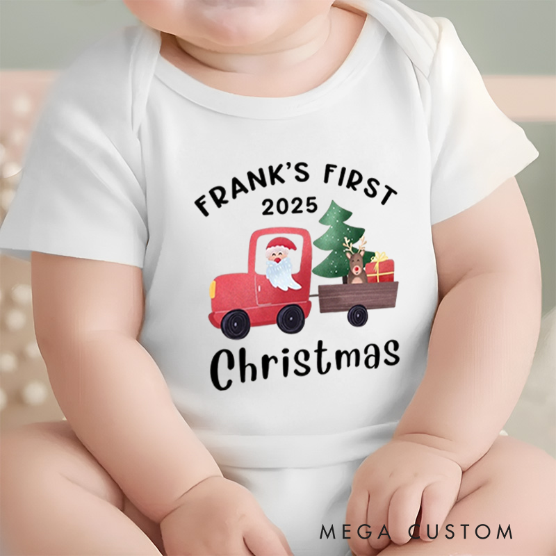 Personalized Baby Onesie and Xmas Baby Bodysuit with Santa and Christmas Tree Truck Design for Baby's 1st Christmas