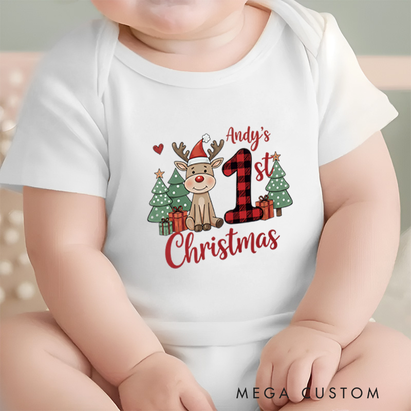 Personalized Baby Onesie and Xmas Baby Bodysuit with Painted Reindeer and Christmas Tree Design for Baby's 1st Christmas