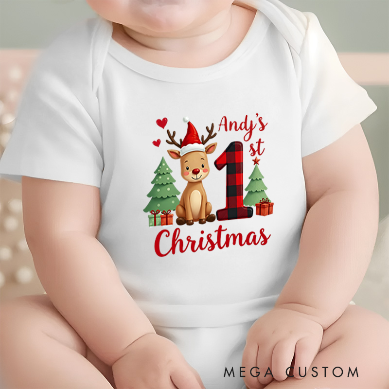 Personalized Baby Onesie and Xmas Baby Bodysuit with 3D Reindeer and Christmas Tree Design for Baby's 1st Christmas