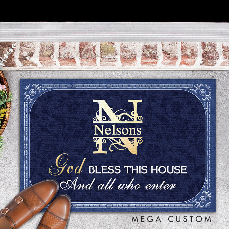 Personalized God Bless this House and All Who Enter Doormat with Family Name Non-Slip Durable Front Door Decor Religious Gift for Faithful Family