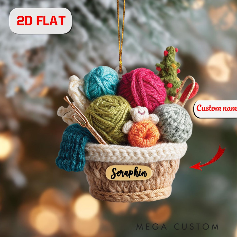 Personalized Knitting Basket Christmas Ornament Acrylic Yarn Decor Holiday Gift for Knitting Lovers