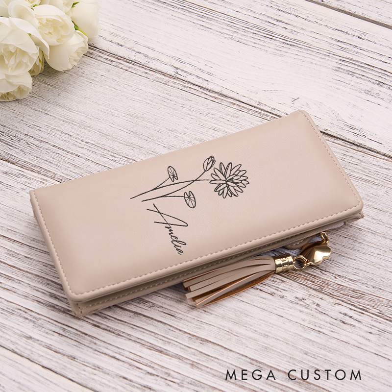 Personalized Leather Wallet for Women Birth Flower Leather Wallet Engraved Leather Wallet with Name Women Slim Wallet Clutch Purse Unique Gift for Her Birthday Gifts