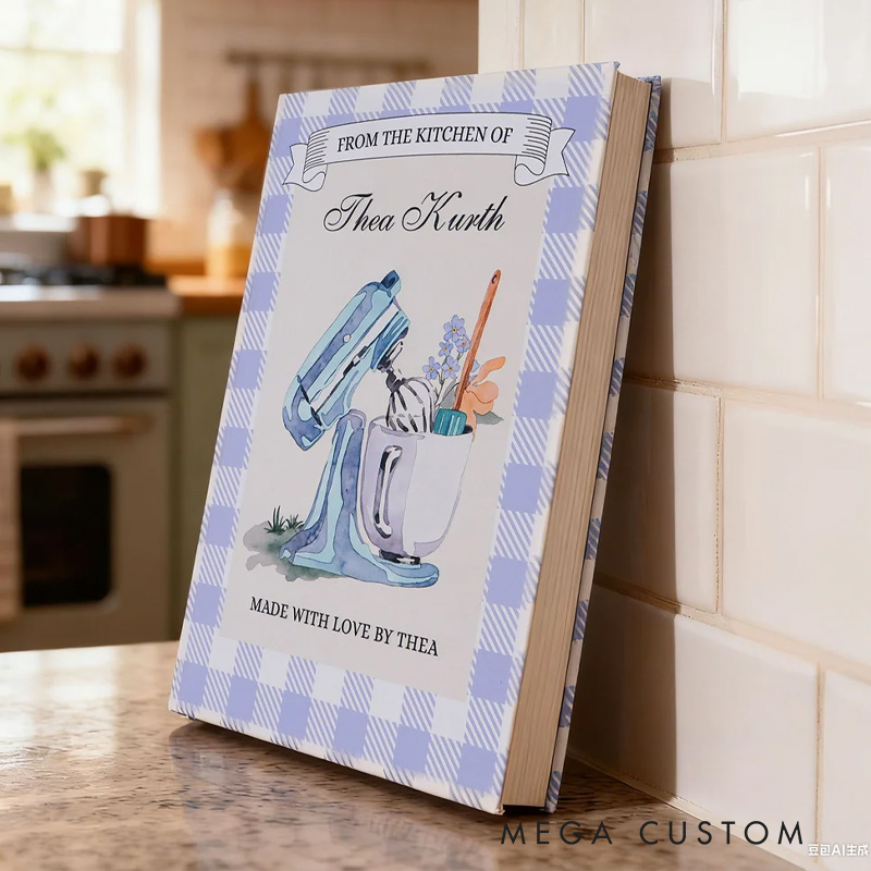 Personalized Watercolor Mixer Checkered Baking Recipe Notebook with Text and Name Kitchen Bakery Gift for Moms Grandmas Bakers