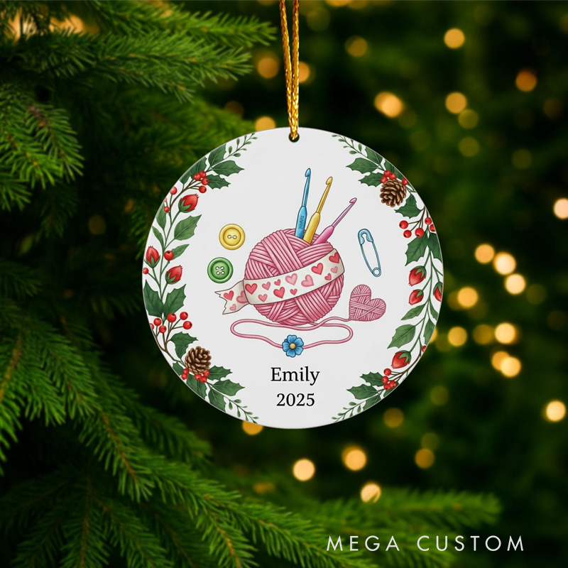 Personalized Crochet Christmas Ornament 2025 Yarn Ball Hooks and Holly Design Gift for Knitters Crafters and Crochet Lovers