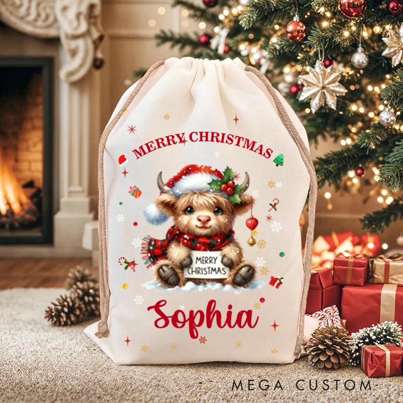 Personalized Cartoon Christmas Hat Highland Cow Christmas Bag with Name Christmas Gift for Family Friends
