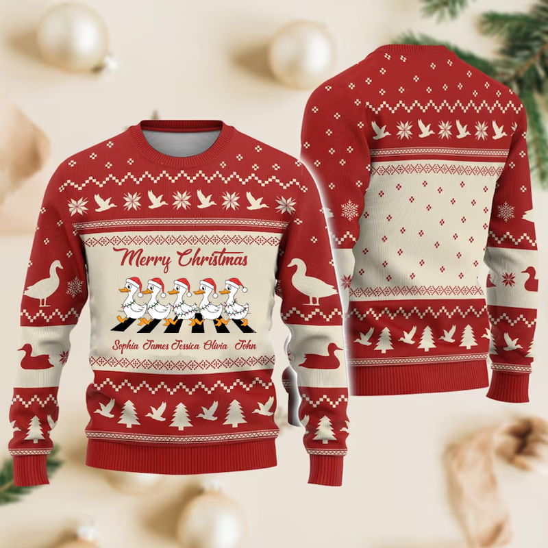 Personalized Name Ugly Sweater Duck Merry Christmas Ugly Sweater Funny Duck Christmas Shirt for Women Animal Xmas Sweater Funny Gift