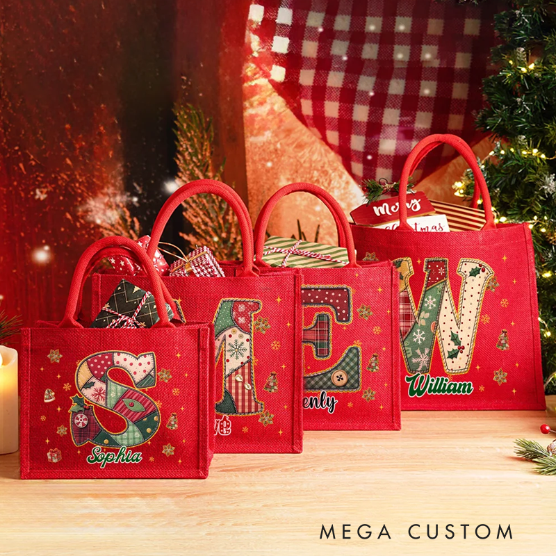 Personalized Stitching Style Initial Large Capacity Red Jute Tote Bag with Name Christmas Party Gift for Kids Women