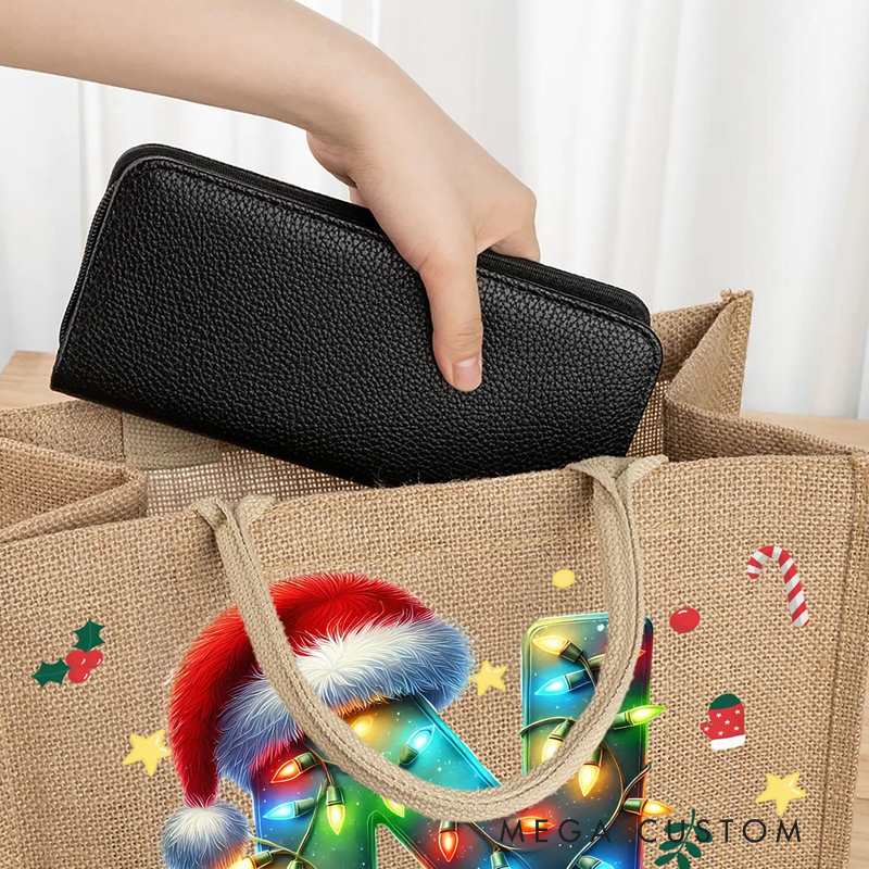 Personalized Christmas Lights Santa Hat Large Capacity Jute Tote Bag with Initial and Name Daily Use Christmas Party Gift for Kids Adults
