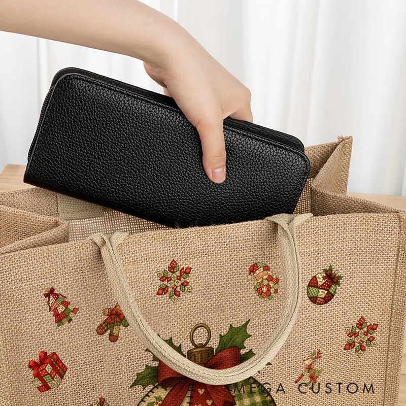 Personalized Patchwork Element Christmas Tree Santa Claus Large Jute Tote Bag with Name Christmas Gift for Family Kids