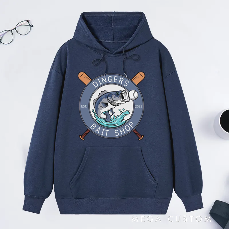 Personalized Dingers Bait Shop Hoodie Funny Fishing Sweatshirt Boys Baseball Gifts Unique Fish and Baseball Design Perfect Gift for Fishing Enthusiasts