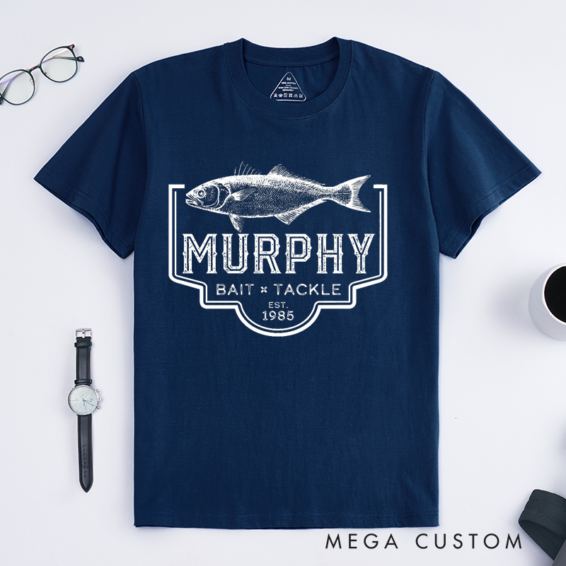 Personalized Murphy Bait and Tackle Fishing T-Shirt Custom Bass Fishing T-Shirt Classic Fish Design Perfect for Fishing Trips Outdoor Adventures and Casual Wear