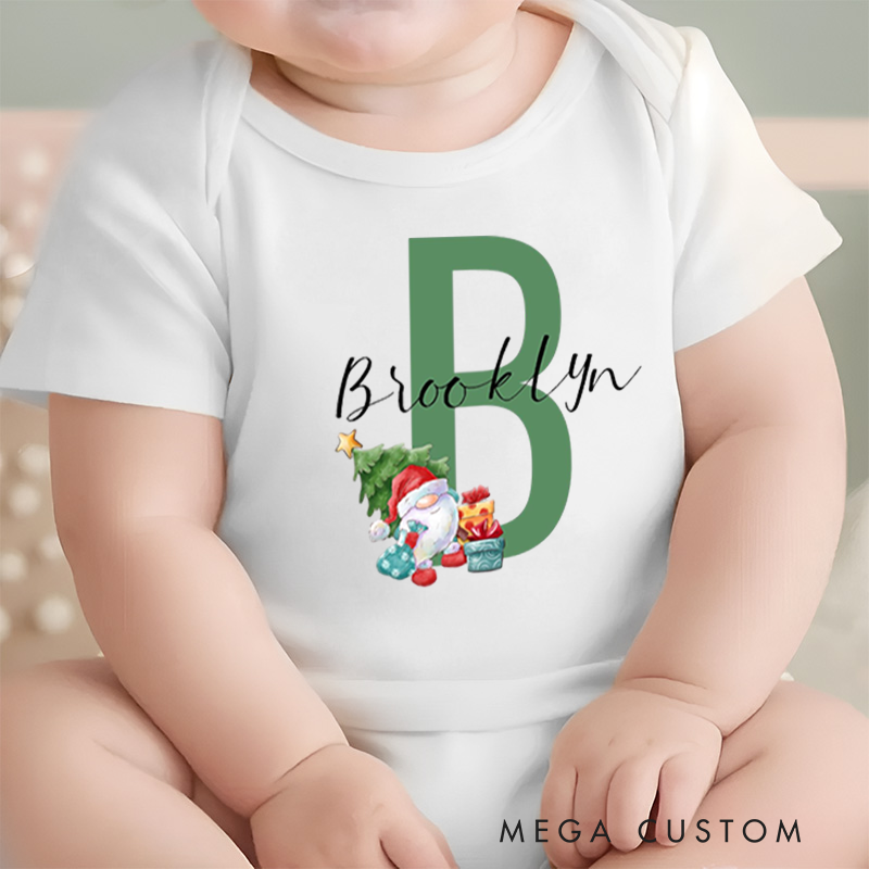Personalized Baby Onesie and Holiday Baby Bodysuit with Santa and Christmas Tree Design Featuring Baby's Initial for a Festive Look