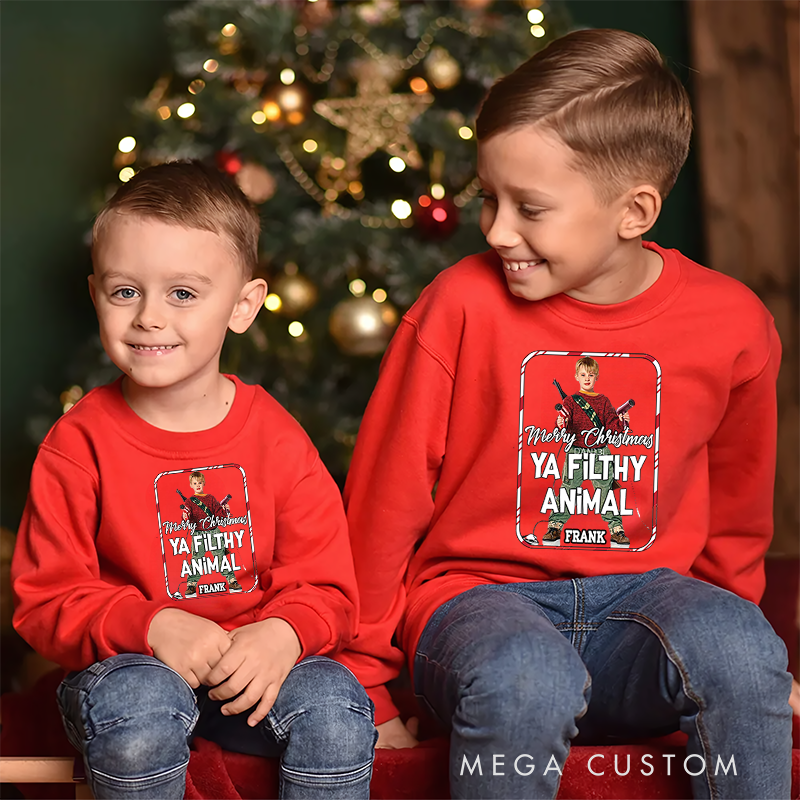 Personalized Kids Sweatshirt and Holiday Pullover Hoodies with Iconic Movie Design Featuring Festive Phrase and Photo for a Playful Christmas Vibe