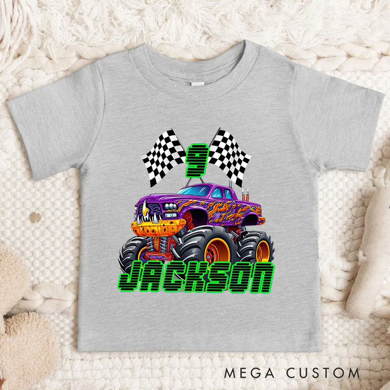 Personalized Big Wheel Off-Road Truck Multicolor Kid's T-shirt Sweatshirt Hoodie with Age and Name Birthday Christmas Gift for Kids