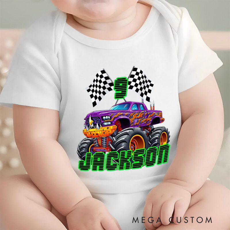 Personalized Big Wheel Off-Road Truck Multicolor Baby Bodysuit with Age and Name Birthday Christmas Gift for Baby
