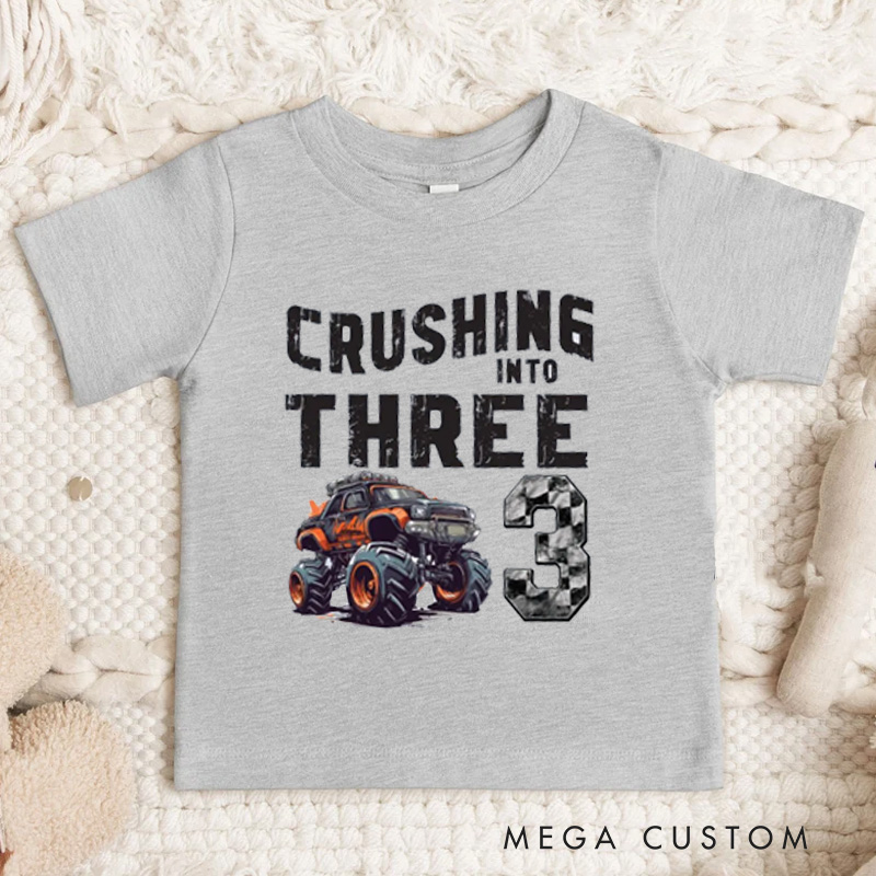 Personalized Crushing Into Three Monster Truck Birthday Kids Shirt Monster Truck Party Birthday Boy Shirt Racing Shirt Truck Yeah Shirt Custom Birthday