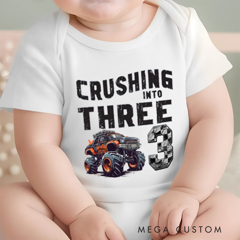 Personalized Crushing into Three Monster Truck Birthday Baby Bodysuit Monster Truck Party Birthday Boy Bodysuit Racing Bodysuit Truck Yeah Shirt 