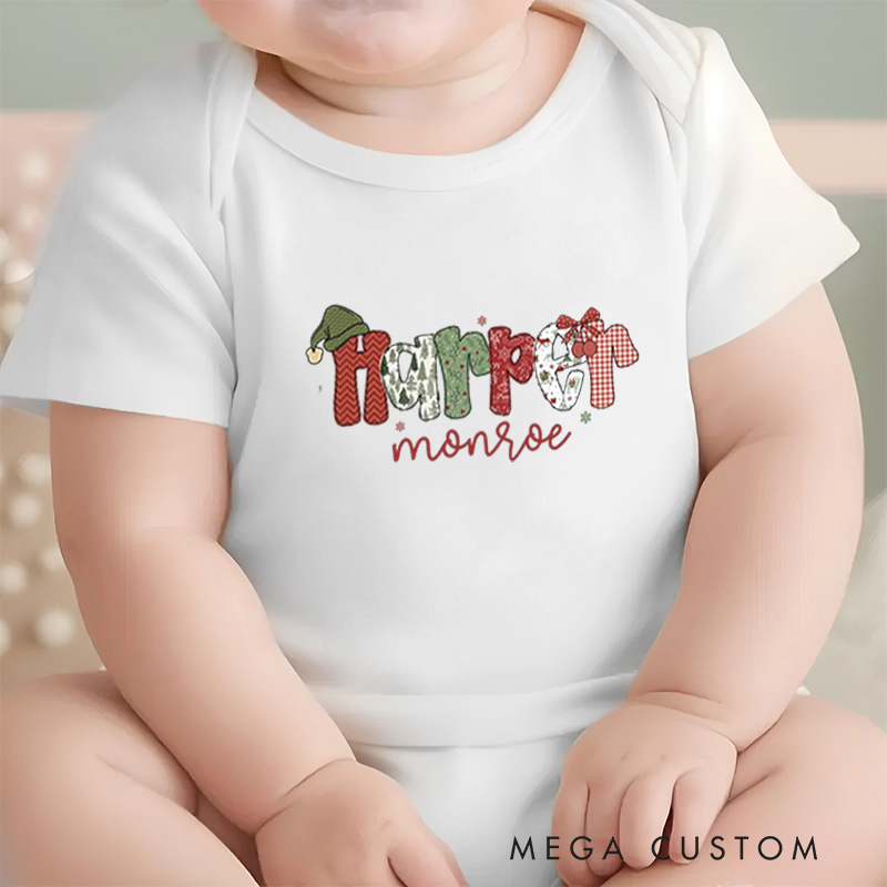 Personalized Baby Onesie and Holiday Baby Bodysuit with Festive Patchwork Letter Design for a Joyful Christmas
