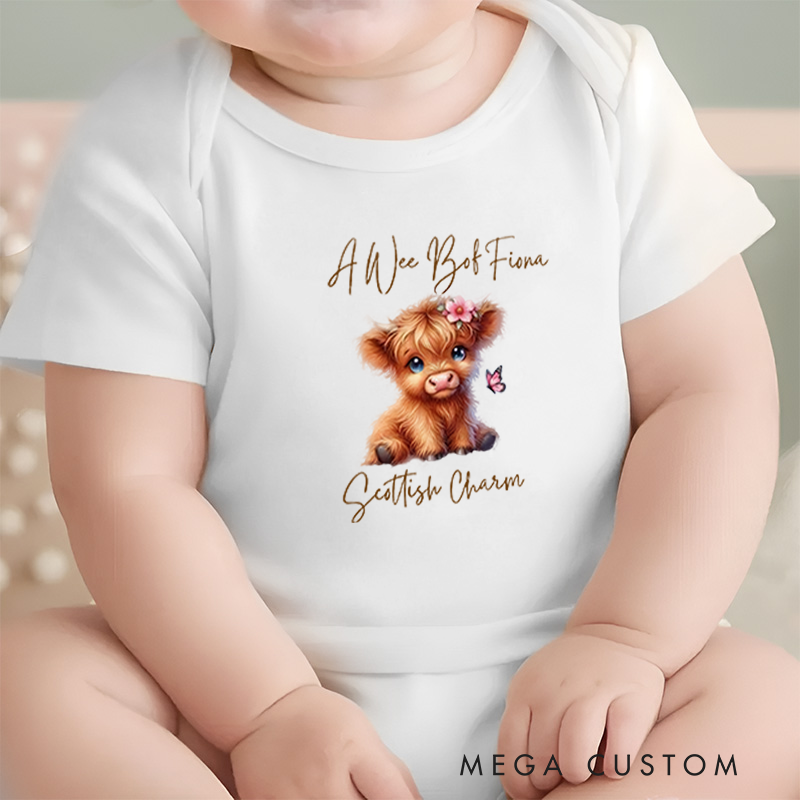 Personalized Baby Onesie and Scottish Themed Baby Bodysuit with Adorable Highland Cow and Butterfly Design for a Charming Touch