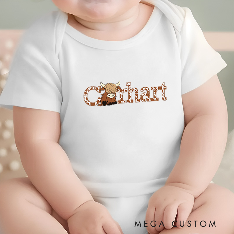 Personalized Baby Onesie and Farm Themed Baby Bodysuit with Cute Highland Cow and Cowhide Letter Design for a Rustic Charm
