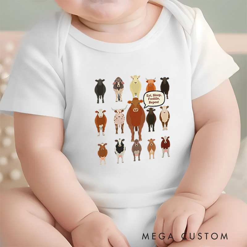 Personalized Baby Onesie and Farm Themed Baby Bodysuit with Cute Cow Patterns and Fun Text Design for a Playful Vibe