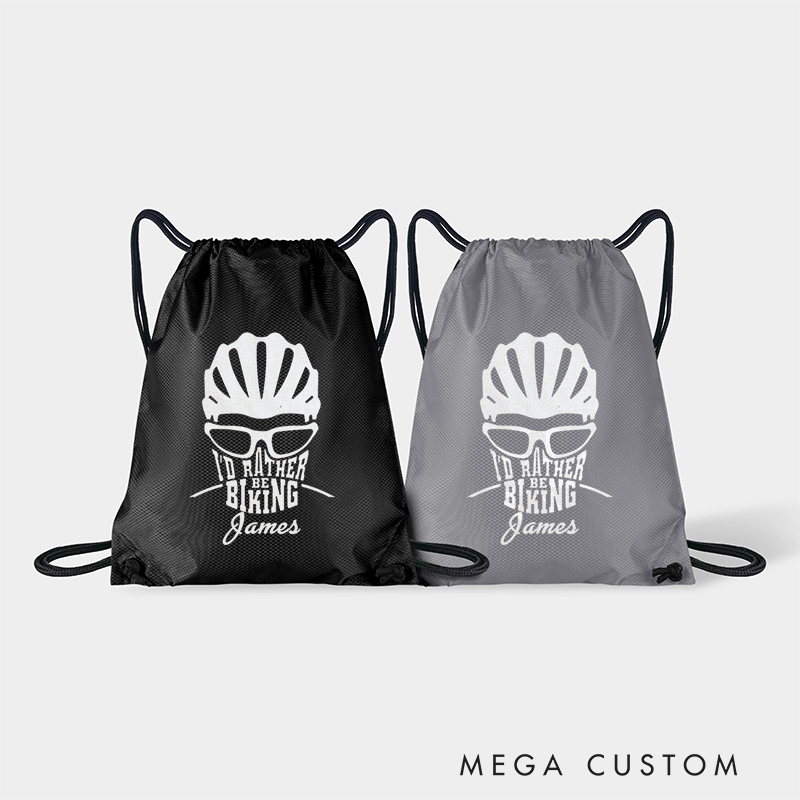 Personalized Drawstring Bag About Id Rather Be Biking Sports Backpack Bags Biker Typography Graphic Eco Friendly Tote Bag Bike Enthusiast Gift