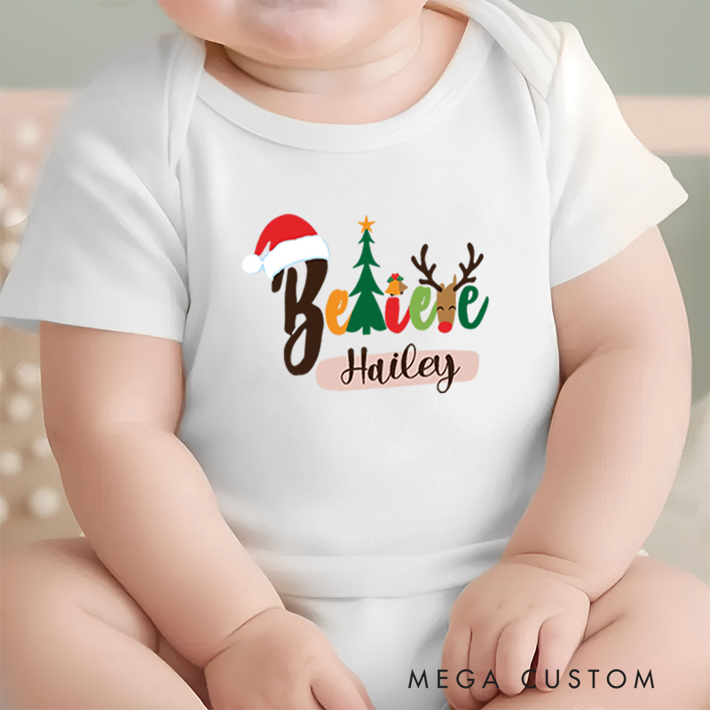 Personalized Baby Onesie and Festive Baby Bodysuit with Christmas Tree and Reindeer Design for a Joyful Holiday Season