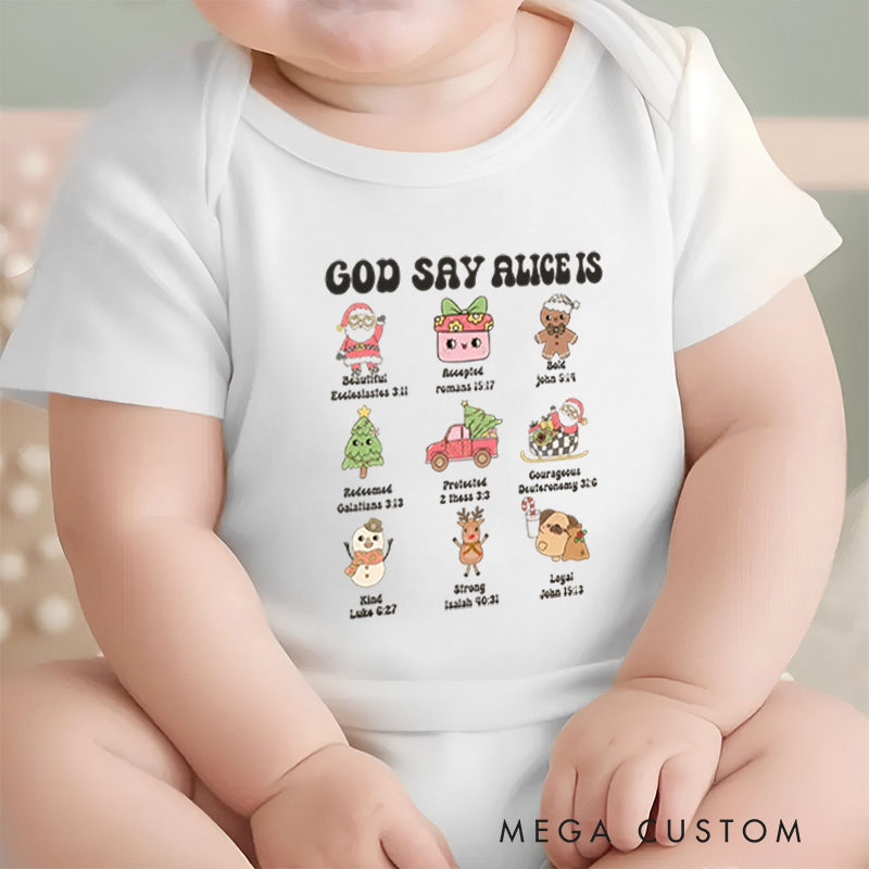 Personalized Baby Onesie and Inspirational Baby Bodysuit with Cute Character and Scripture Design for a Faith Filled Touch