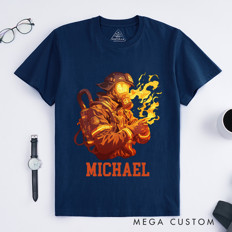 Personalized Firefighter T-Shirts Custom Firefighter Flames Graphic Design T-Shirt Firefighter Dad Gift
