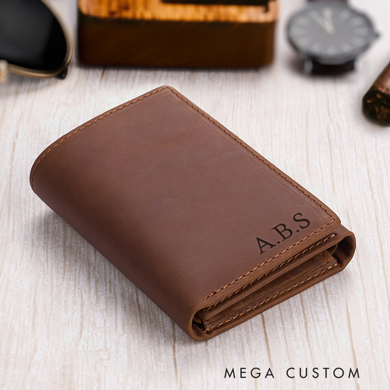 Personalized Engraved Trifold Wallets Mens Leather Wallet 1 2 3 Year Anniversary Gifts Christmas Husband Gift Boyfriend Gift