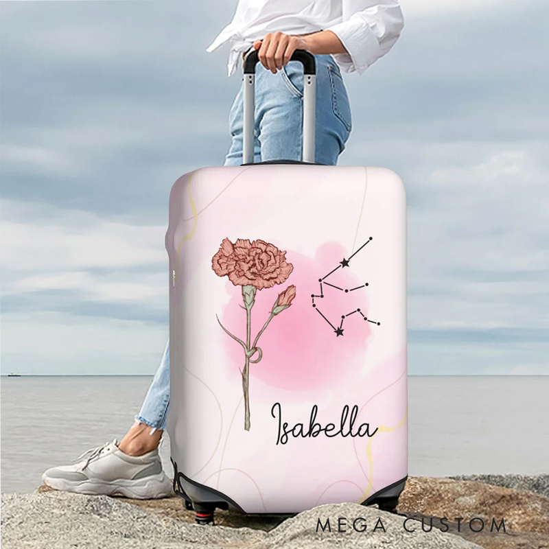 Personalized A Girl Who Really Loved Traveling Birth Flower Constellation Luggage Cover Fits 18-32 Inches Suitcase Birthday Gift for Her