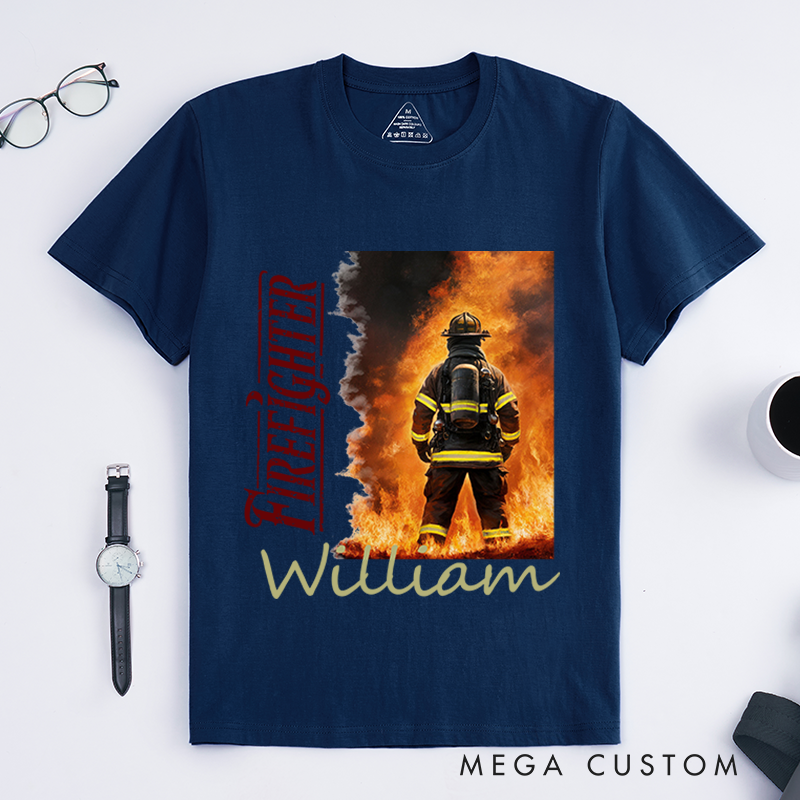 Personalized Heroic Firefighter and Flames Illustration Design Gift for Firefighter T-Shirt