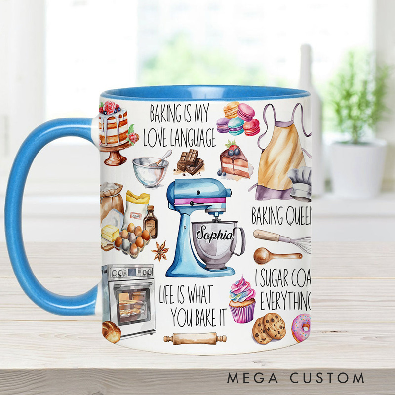Personalized Baking Is My Love Language Mug 11oz Ceramic Baking Accent Mug with Name Coffee Cup for Baker Mom Sister Daughter Baking Lover Gift