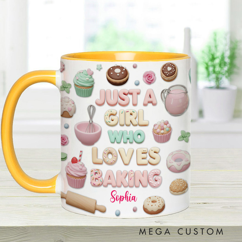 Personalized Just A Girl Who Loves Baking Mug 11oz Ceramic Baking Accent Mug with Name Coffee Cup for Baker Mom Sister Daughter Baking Lover Gift
