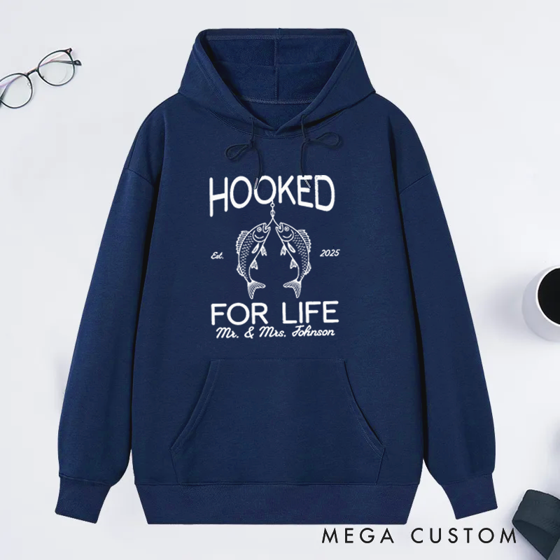 Personalized Fishing Hoodie Hooked for Life Sweatshirt Custom Names and Time Cozy Sweatshirt for Couples and Fishing Lovers