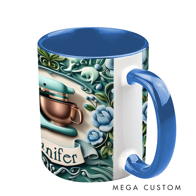 Personalized Baking Mixer Mug 11oz Ceramic Baking Accent Mug with Name Floral Coffee Cup for Baker Mom Sister Daughter Baking Lover Gift